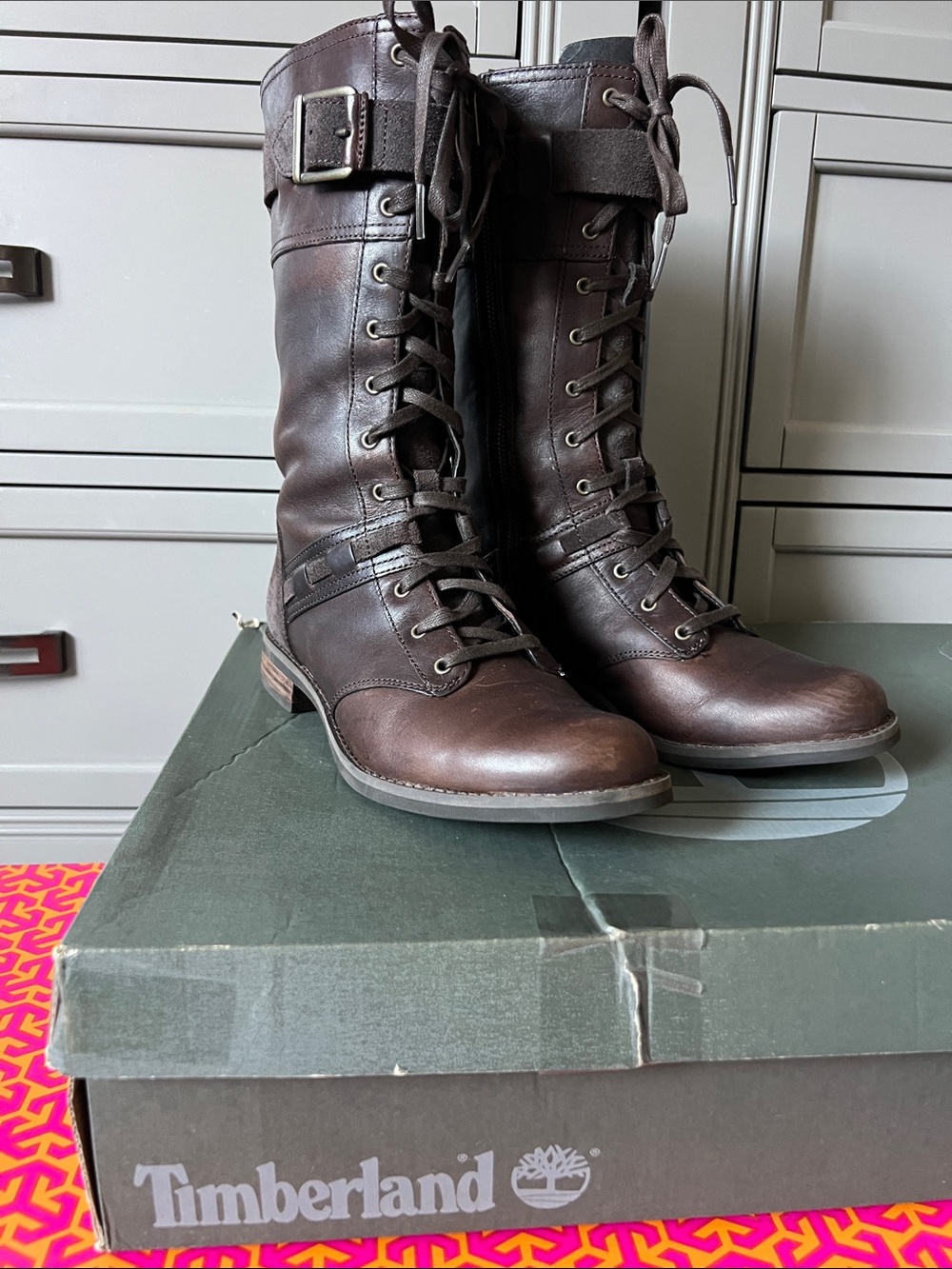 Timberland Women's Dark Brown Leather Lace-Up Buckle Riding Boots